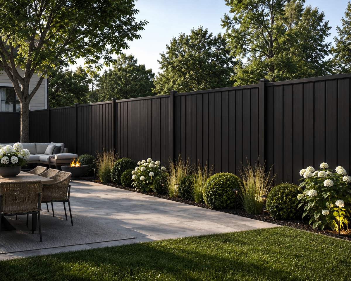 Charcoal Colorbond fence around a landscaped backyard patio