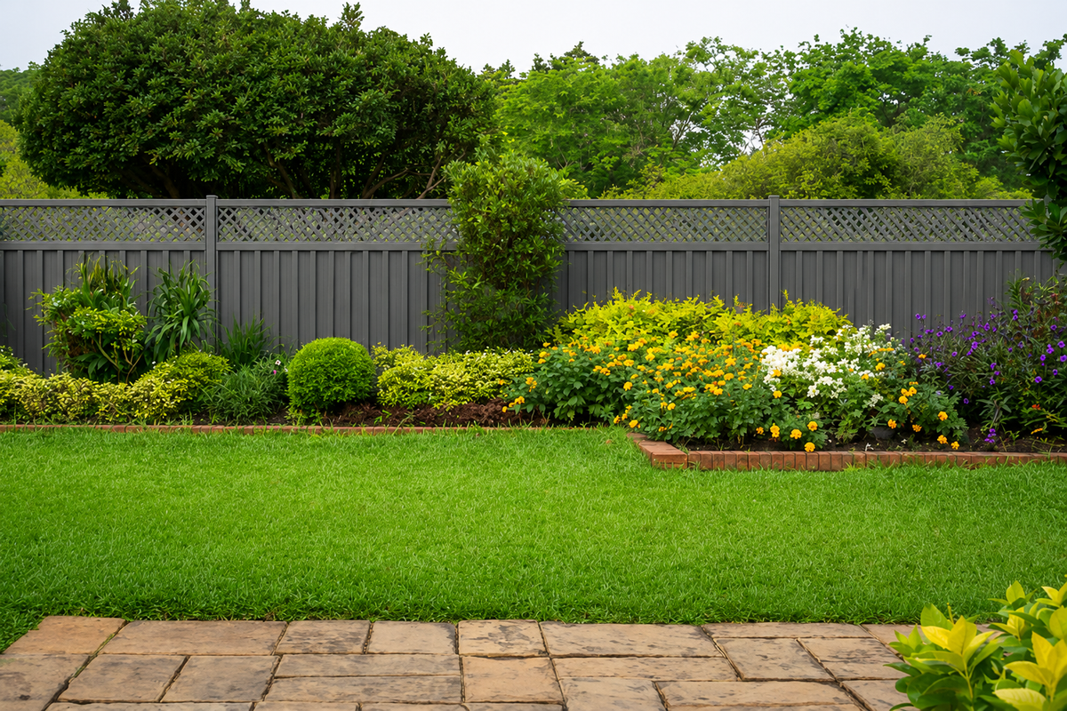 Colorbond lattice fence behind a flowering garden bed and paving