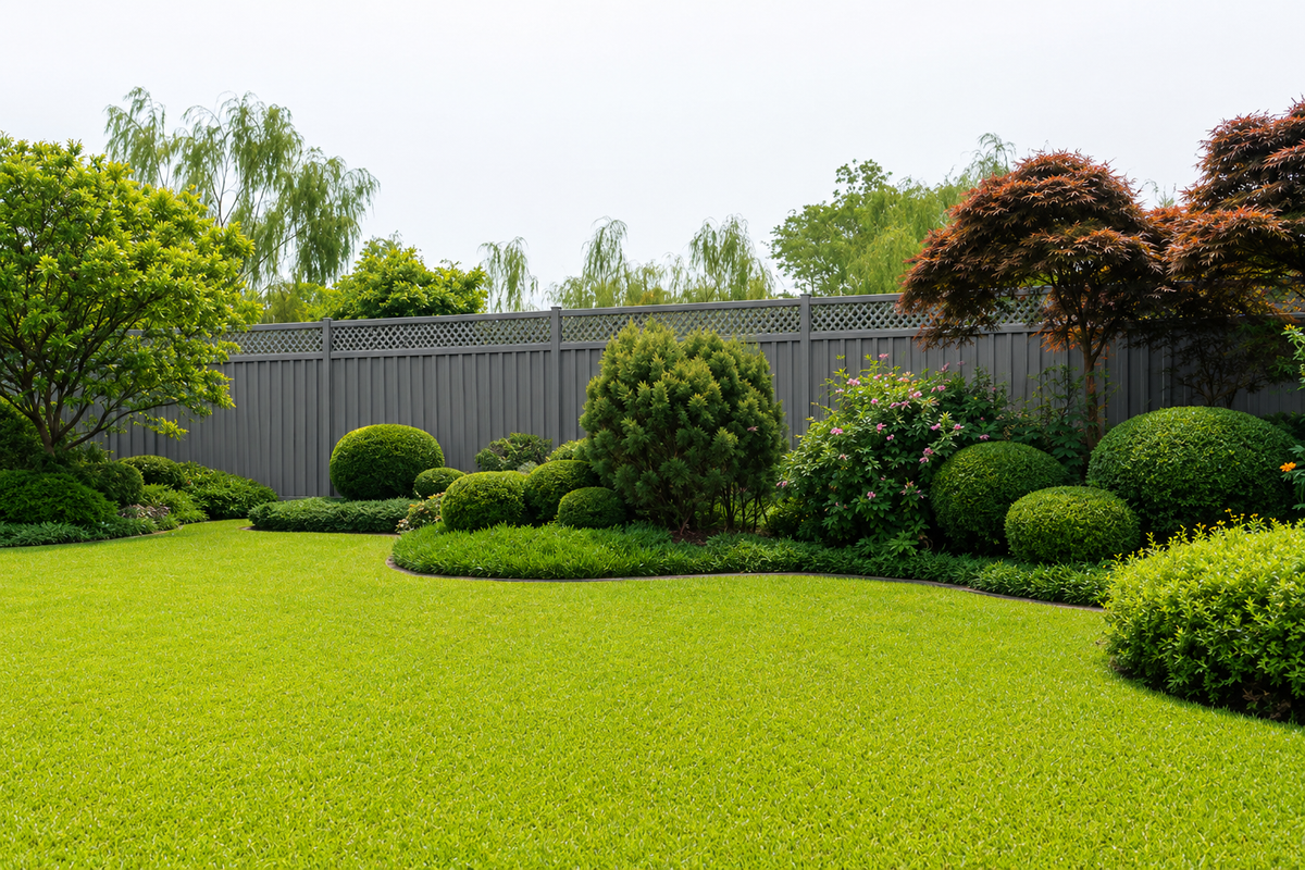 Colorbond lattice fence behind a landscaped garden with hedges