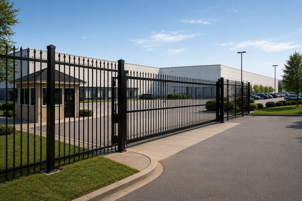 Black industrial security fence and gate at a warehouse entrance