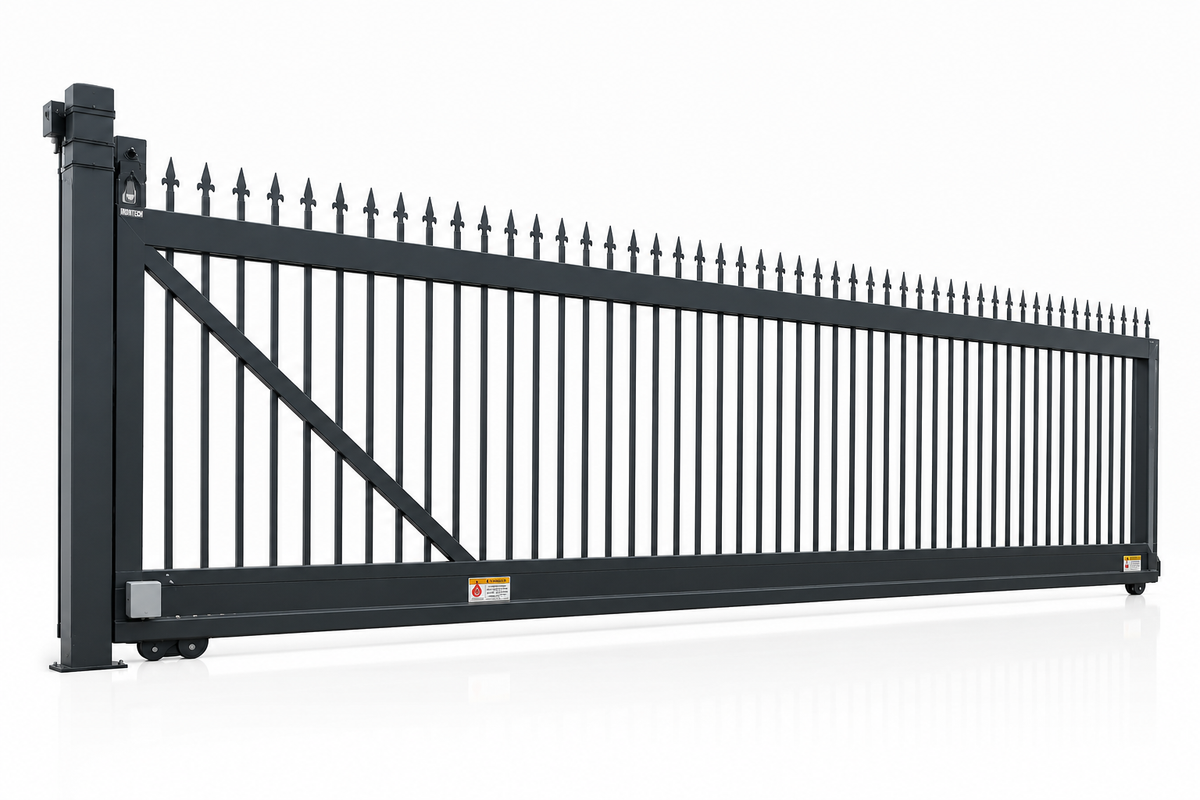 Industrial spear top sliding gate with diagonal brace, side view