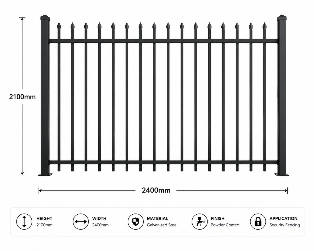 Industrial spear top security fence, 2100mm high by 2400mm wide